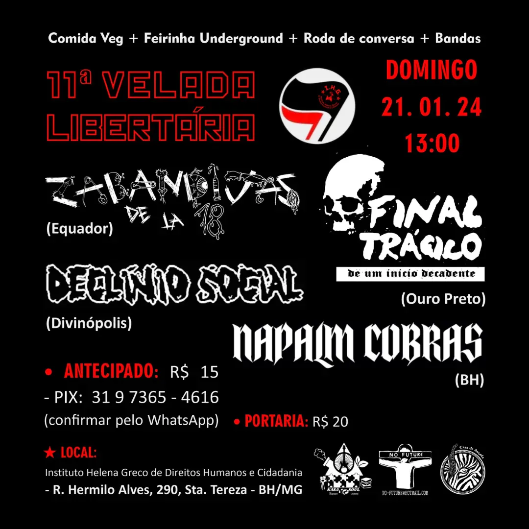 Flyer: 11ª Velada Libertária · Instituto Helena Greco · Sta. Tereza, Belo Horizonte/MG · 2024