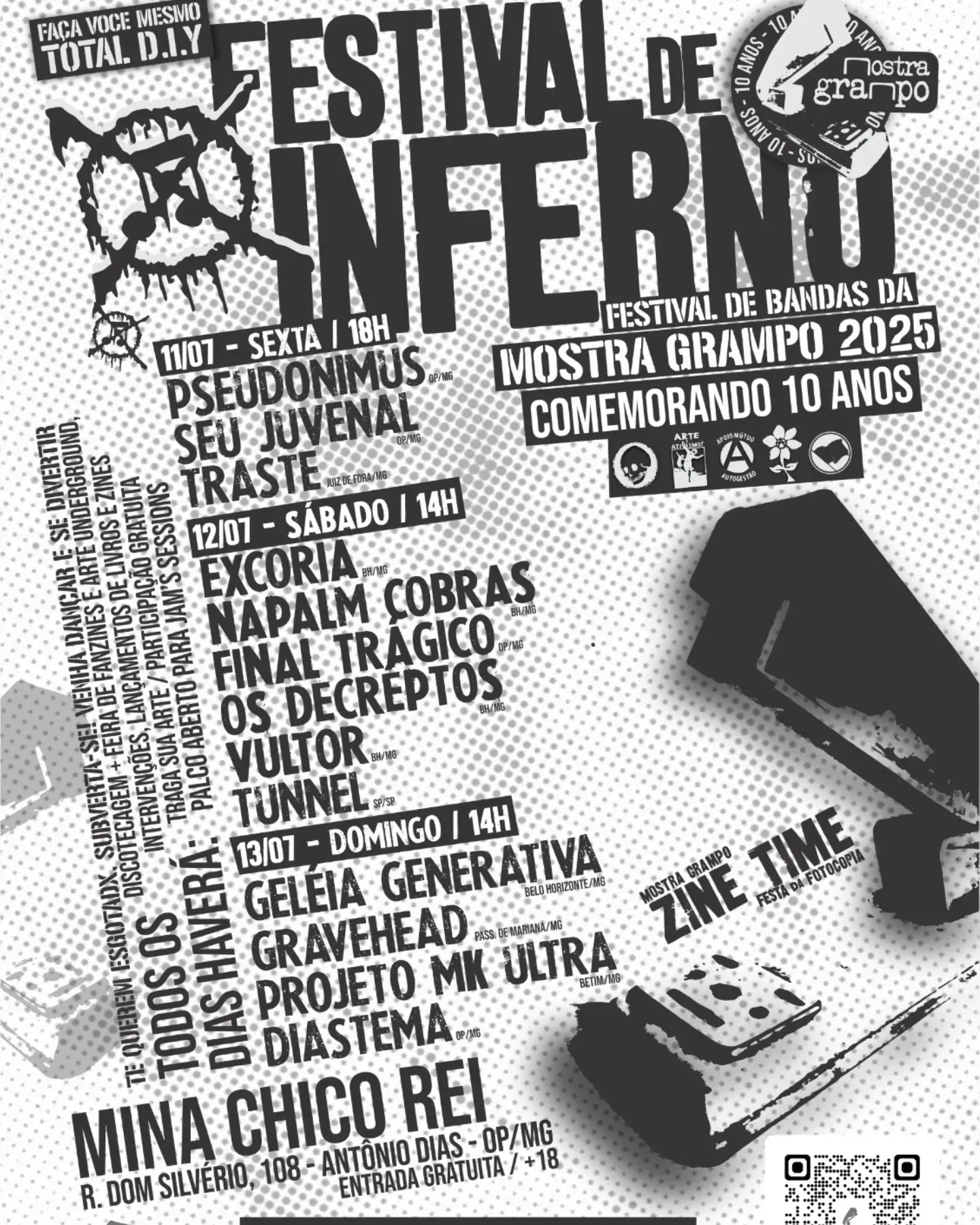 Flyer: Festival de Inferno · Mostra Grampo 10 anos · Mina Chico Rei · Antônio Dias, Ouro Preto/MG · 2025