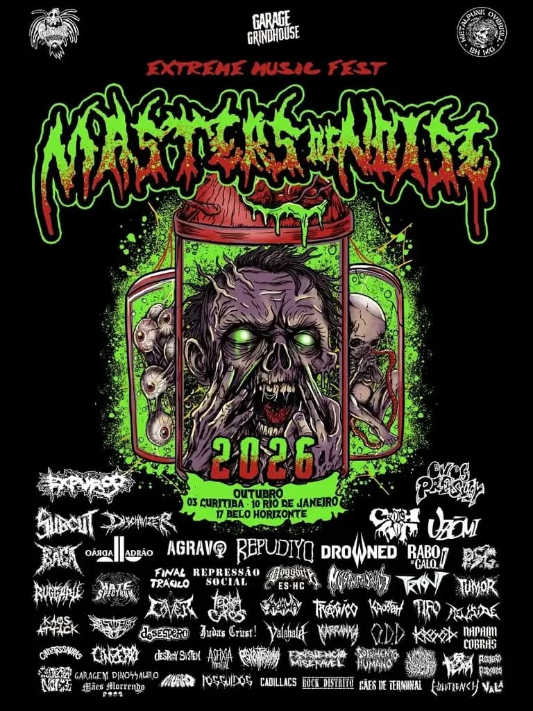 Flyer: Masters of Noise · Extreme Music Fest · Caverna Rock Pub · Belo Horizonte/MG · 2026